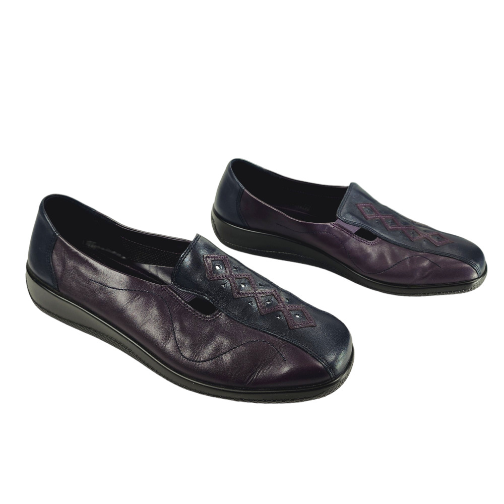 Hotter Womens Calypso Loafer sz 10 Purple Plum Navy Blue Slip On Leather Comfort
